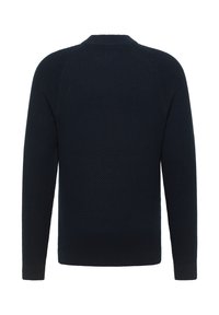 Dunkelblauer, strukturierten Pullover mit langen Ärmeln, Rundhalsausschnitt und gerippten Bündchen und Saum. Rückansicht, die ein einfaches Design zeigt.