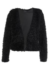 Cardigan nero in pelucchi, realizzato in materiale morbido e testurizzato. Design con apertura frontale, maniche lunghe e vestibilità comoda. Dettagli shaggy superficiali.