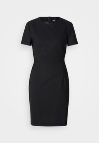 Black fitted dress with short sleeves, round neckline, and a back zipper. Made of smooth fabric with a subtle sheen and defined waist.