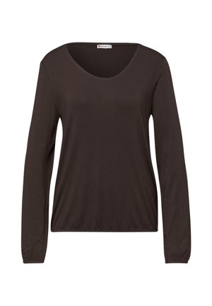 Tmavě hnědá košile s dlouhým rukávem, kulatým výstřihem a elastickými manžetami a lemem, zobrazena na bílém pozadí.