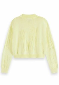 Jersey corto de punto en amarillo claro, con un patrón de palmas texturizado. Puños y dobladillo acanalados, con un escote redondo.
