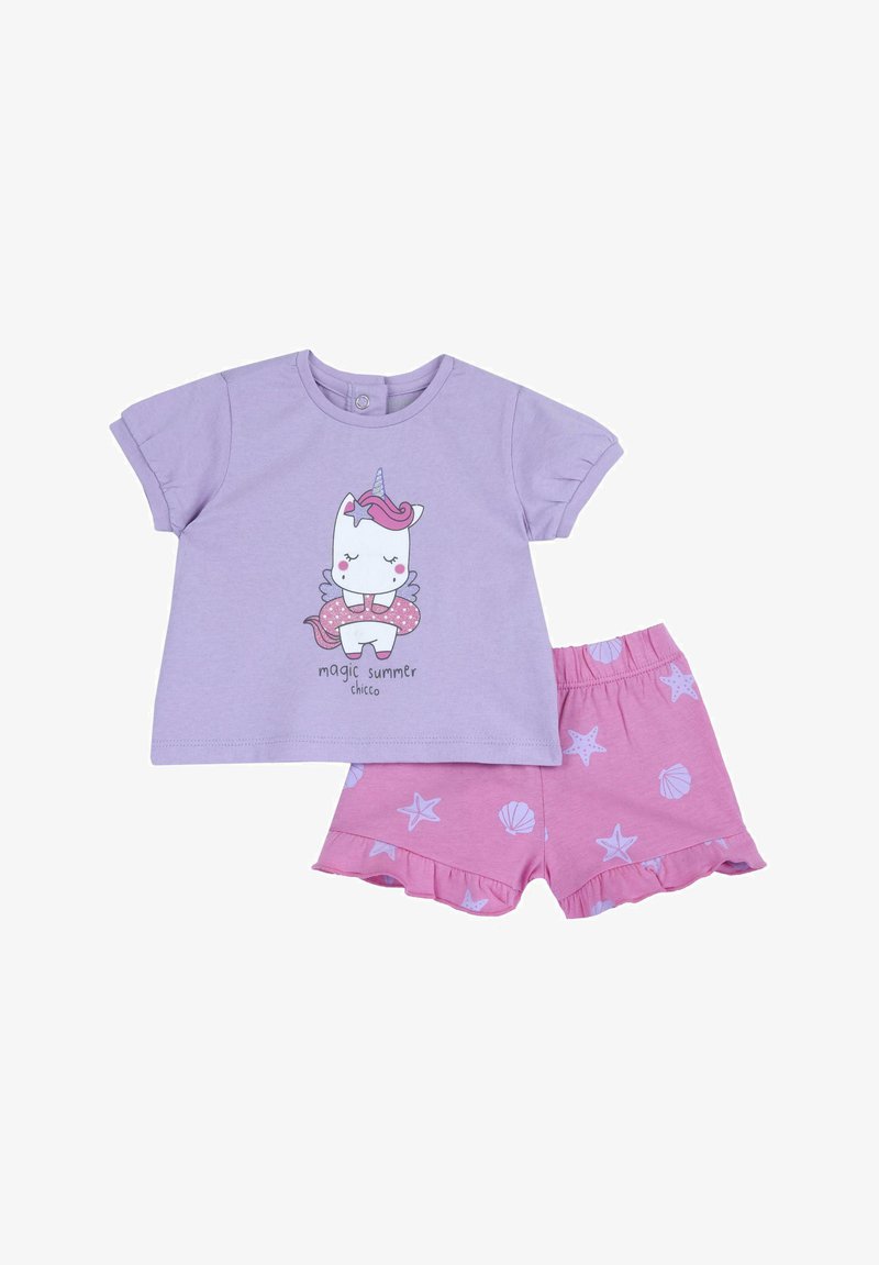 T-shirt di cotone viola a maniche corte, con grafica di un unicorno; pantaloni corti rosa con motivi di stelle marine e conchiglie, orlo a volant.