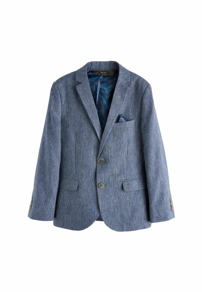 Ljusblå blazer med strukturerad tyg, två knappar och två framfickor. Har ett mönstrat marinblått foder och en näsduk.