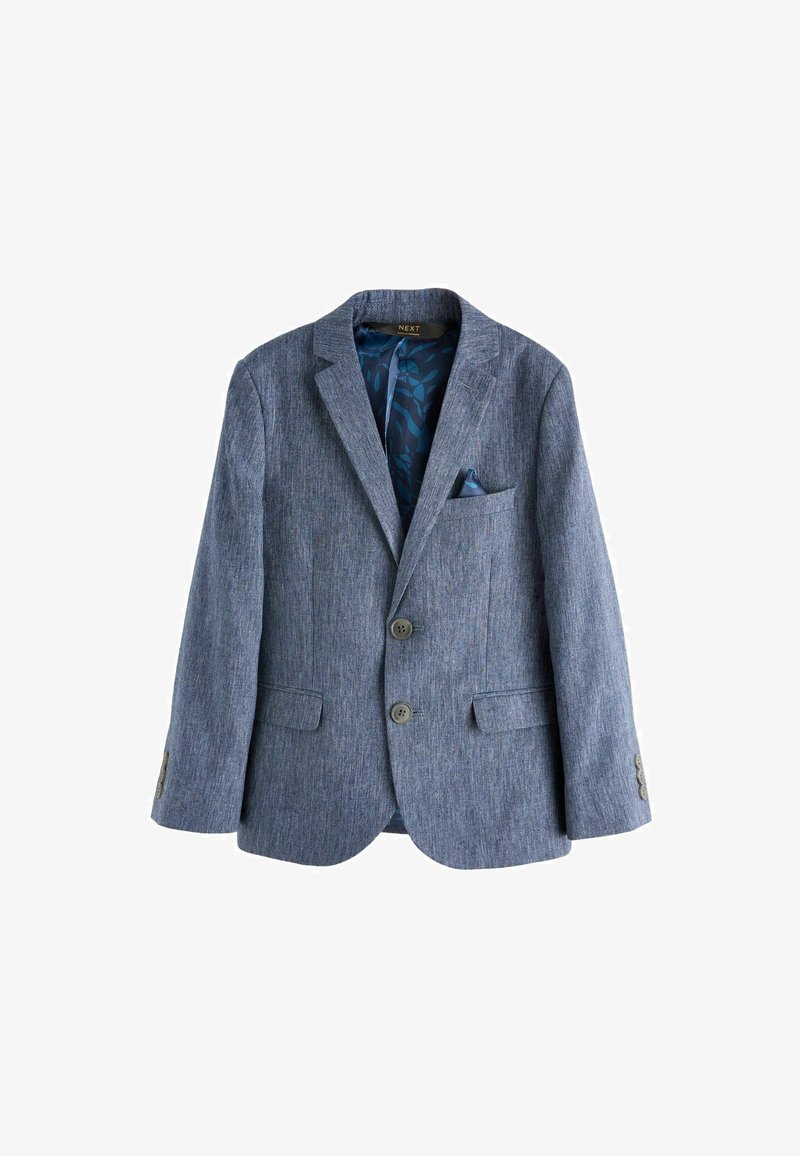 Ljusblå blazer med strukturerad tyg, två knappar och två framfickor. Har ett mönstrat marinblått foder och en näsduk.