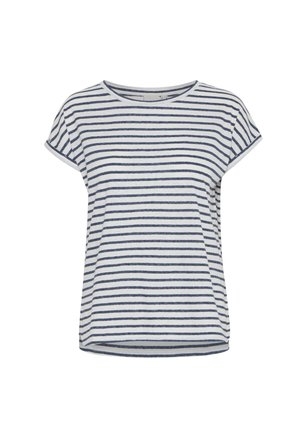 Gestreiftes T-Shirt in Weiß und Marineblau, kurze Ärmel, Rundhalsausschnitt, weicher Stoff, lockere Passform, lässiges Design und gerader Saum.
