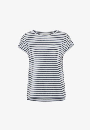 Gestreiftes T-Shirt in Weiß und Marineblau, kurze Ärmel, Rundhalsausschnitt, weicher Stoff, lockere Passform, lässiges Design und gerader Saum.