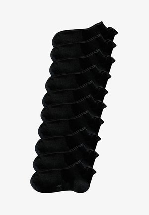Confezione da dieci paia di calzini neri alla caviglia, in misto cotone, con texture morbida, bordi a coste, punta e tallone rinforzati. Adatti per diverse misure.