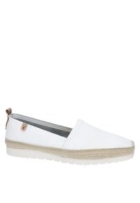 Weiße Slipper aus strukturiertem Material mit einer Jutemittelsohle und Gummiaußensohle, die ein kleines braunes Lederlogo an der Seite aufweisen.