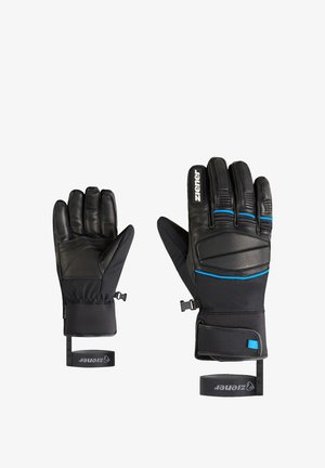 Schwarze Winterhandschuhe mit Lederpalmen und Stoffrücken, mit blauen Akzenten, verstellbaren Handgelenkschnallen und strukturiertem Griff.