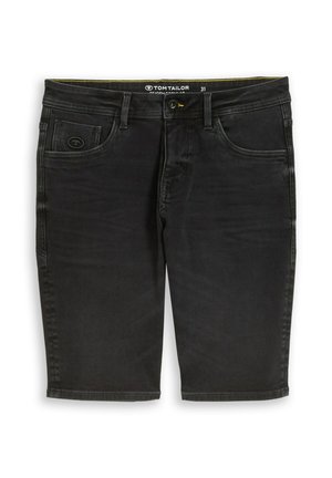 Schwarze Jeans-Shorts mit fünf Taschen, Knopf- und Reißverschluss, gebrandetes Etikett auf der kleinen vorderen Tasche, Größe 31, gerade Passform.