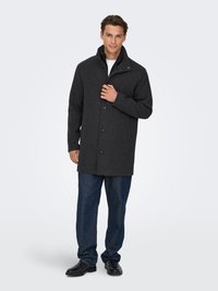 Dunkelgrauer Wollmantel mit hohem Kragen, Knopfverschluss und Seitentaschen. Kombiniert mit blauen Jeanshosen und schwarzen Schuhen. Glatte Textur.