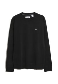 Zwarte sweatshirt van katoen met een ronde hals, lange mouwen, geribde manchetten en een klein logo op de borst. Gladde textuur.