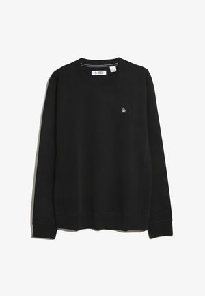 Zwarte sweatshirt van katoen met een ronde hals, lange mouwen, geribde manchetten en een klein logo op de borst. Gladde textuur.