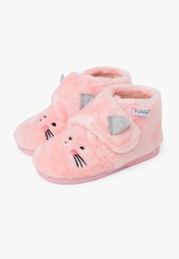 Różowe pluszowe kapcie o zaokrąglonym kształcie, z wzorem twarzy króliczka, szarymi akcentami uszu i miękkim, teksturowanym wykończeniem. Gumowa podeszwa.