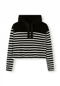 Sudadera recortada con capucha en rayas negras y blancas, que presenta una suave textura aterciopelada y cordones ajustables en la capucha.
