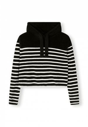Gekürzter Kapuzenpullover in schwarz-weiß gestreift, mit einer weichen, samtigen Textur und verstellbaren Kordeln an der Kapuze.