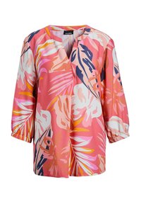 Blusa a maniche corte in tessuto rosa, con motivo floreale bianco, blu navy e arancione, scollo a V e polsini delle maniche elasticizzati.