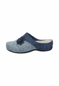 Gray and navy felt clog with a textured finish, floral accent on the upper, curved shape, and a black rubber sole.