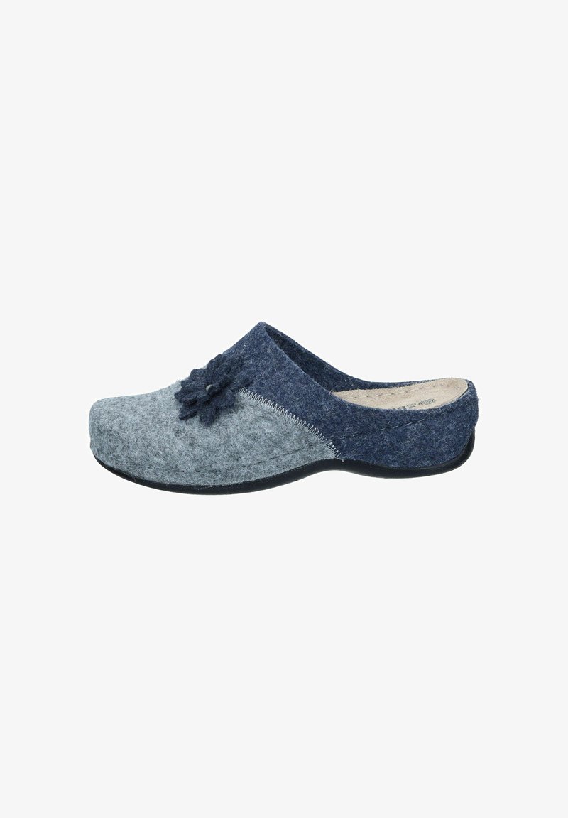 Gray and navy felt clog with a textured finish, floral accent on the upper, curved shape, and a black rubber sole.