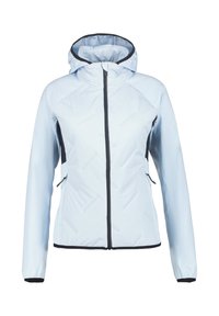 Giacca azzurra chiara con zip completa e cappuccio. Presenta dettagli neri, due tasche laterali e una finitura testurizzata con motivi diagonali.