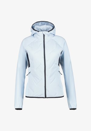 Giacca azzurra chiara con zip completa e cappuccio. Presenta dettagli neri, due tasche laterali e una finitura testurizzata con motivi diagonali.