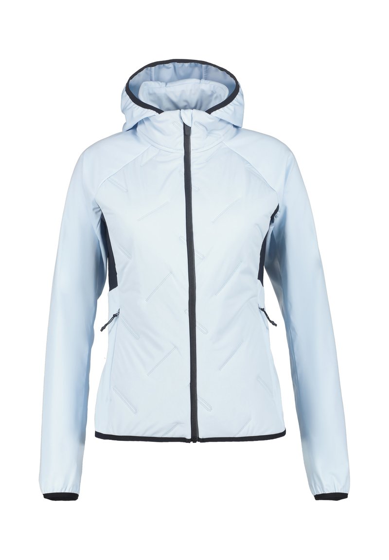 Giacca azzurra chiara con zip completa e cappuccio. Presenta dettagli neri, due tasche laterali e una finitura testurizzata con motivi diagonali.