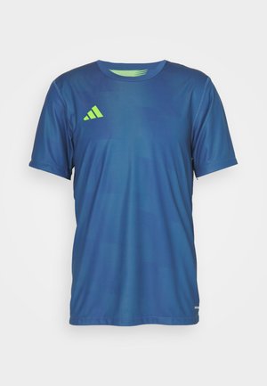 Blue athletic t-shirt made of lightweight fabric, featuring a round neckline, short sleeves, and green accent logo on the left chest.