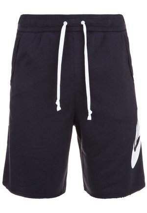 Zwarte knielange shorts met witte trekkoord en een groot wit Nike Swoosh-logo op het linkerbeen.