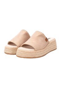 Sandalias de plataforma beige con punta abierta, parte superior de cuero liso, entresuela trenzada de yute y un pequeño logo en el lateral.
