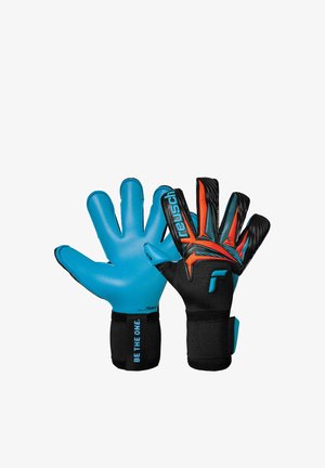 Paar schwarze und blaue Torwarthandschuhe mit orangefarbenen Akzenten, gepolsterten Handflächen, Handgelenksriemen und dem Schriftzug "BE THE ONE" an einem Handgelenk.