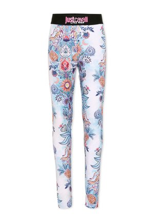 Legginsy z żywymi wzorami kwiatowymi i tygrysimi w kolorach niebieskim, pomarańczowym i różowym, z czarnym paskiem w talii z różowym logo „Just Cavalli”.