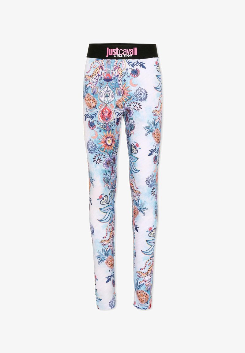 Leggings avec des motifs floraux vibrants et tigres en bleu, orange et rose, dotés d'une ceinture noire avec le logo rose "Just Cavalli".