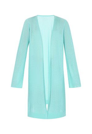 Könnyű, légies kardigán mentazöld színben, gyémánt kötésmintával, nyitott elülső résszel és hosszú ujjakra tervezve. Klasszikus, laza fazon.