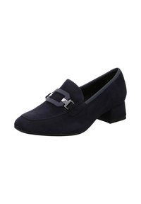 Mocassino in camoscio blu navy con tacco basso a blocco, caratterizzato da una fibbia decorativa e dettagli di cucitura sul gambale. Texture liscia e opaca.
