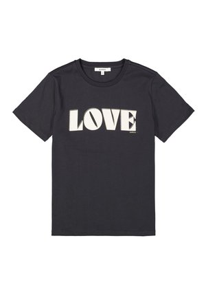 Zwarte katoenen t-shirt met grote witte "LOVE" grafische tekst op de voorkant. Inclusief een ronde halslijn en korte mouwen.