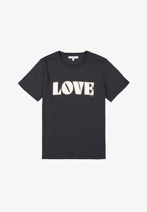 Zwarte katoenen t-shirt met grote witte "LOVE" grafische tekst op de voorkant. Inclusief een ronde halslijn en korte mouwen.