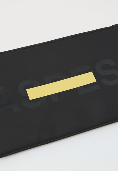 Black rectangular pouch featuring a matte texture, with a prominent horizontal yellow stripe across the center and subtle branding in the background.