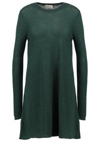 Grön långärmad klänning i lätt stickad tyg, med en avslappnad passform och rund halsringning, samt en något utsvängd silhuett.