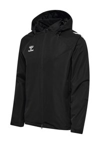 Schwarze leichte Jacke aus strukturiertem Stoff. Enthält eine Kapuze, einen Reißverschluss vorne und ein Logo. Sauberes Design mit langen Ärmeln und Zugbandverstellung.