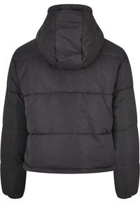 Veste d'hiver matelassée noire avec capuche, manches longues et coutures horizontales, vue de dos.