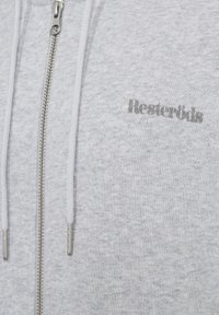 Grå zip-up hoodie lavet af blødt stof, med en sølv lynlås og hvide snore. Mærkenavnet "Resterdbis" er trykt i grå.