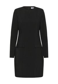 Robe noire �à manches longues, longueur genou, avec un col rond, une taille ajustée et des détails en rabat au niveau des hanches, fermeture éclair à l'avant.