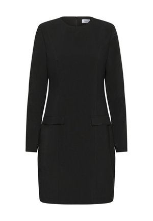Zwarte lange mouw knielange jurk met ronde halslijn, getailleerde taille en klepdetails op de heupen, met voorritssluiting.