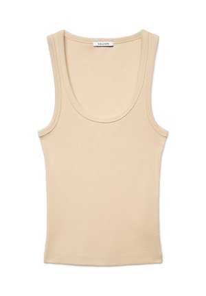 Top senza maniche beige a coste con scollo a U, stile aderente e etichetta del marchio "Calliope" sul retro del collo interno.