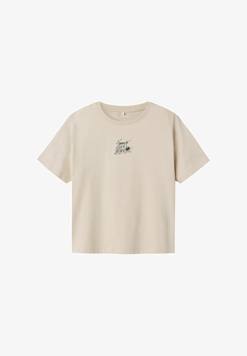 Beige katoenen t-shirt met een ronde halslijn, korte mouwen en een kleine zwarte grafische print met een slakkenontwerp aan de voorkant.