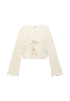 Kremfarvet strikket kort cardigan med lange ærmer og to forreste bindelukninger i et delikat zigzagmønster.