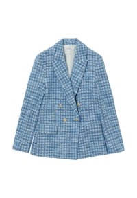 Blazer en tweed bleu avec devant croisé, col à revers en encoche, deux poches avant et boutons couleur or. Finition texturée sur toute la surface.