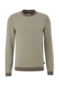 Pull beige à manches longues avec col rond côtelé, poignets et ourlet dans une teinte beige légèrement plus foncée.