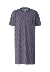 Cotton nightshirt with short sleeves, navy blue collar, pocket, and geometric pattern in red and light blue tones. Regular fit design.