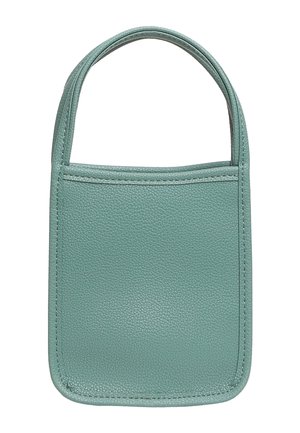 Mintgrøn lædertaske med et struktureret design, der har et enkelt håndtag og en glat tekstureret overflade. Minimalistisk stil uden yderligere udsmykninger.